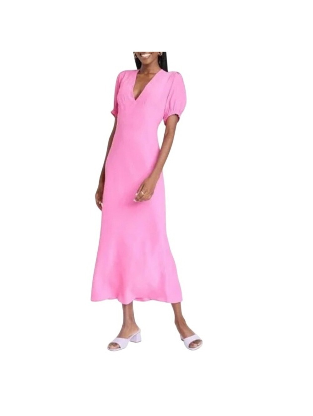 A New Day Pink V Neck Short Puff Sleeve Long Maxi Dress Size XXL